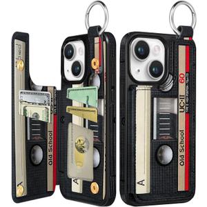 Shorogyt Compatible with iPhone 14 Wallet Case with Card Holder - Designer Cassette Tape Pattern Kickstand Magnetic Clasp Back Flip Folio Leather Phone Covers for Women Men Girls