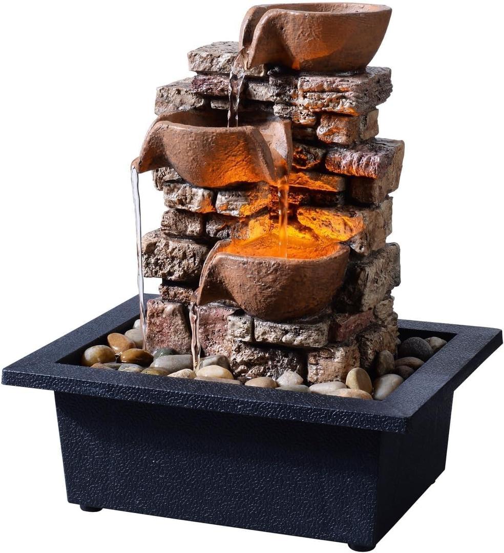 Indoor Tabletop Fountain 3-Tier Rockery Relaxation, Soothing Sound Home/Office/Bed Room Decor,Gifts for Mom/Grandma Relaxing Waterfall Meditation Tabletop Fountain LED Lights