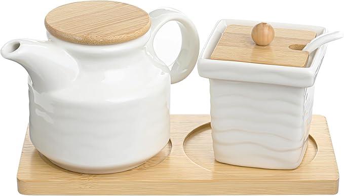 Ceramic Sugar and Creamer Set, Coffee Bar Accessories Cream Pitcher and Sugar Bowl with Lid, Spoon and Wooden Tray, White Creamer Pitcher for Afternoon Tea, Cream, Coffee Syrup and Condiments