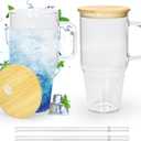 Glass Cups with Lids and Straws 20 oz Glass Tumbler with Straw and Lid 2 Pack Glass Tumbler with Handle Wide Mouth Iced Coffee Cups for Smoothies, Soda, Tea, with Bamboo Lids