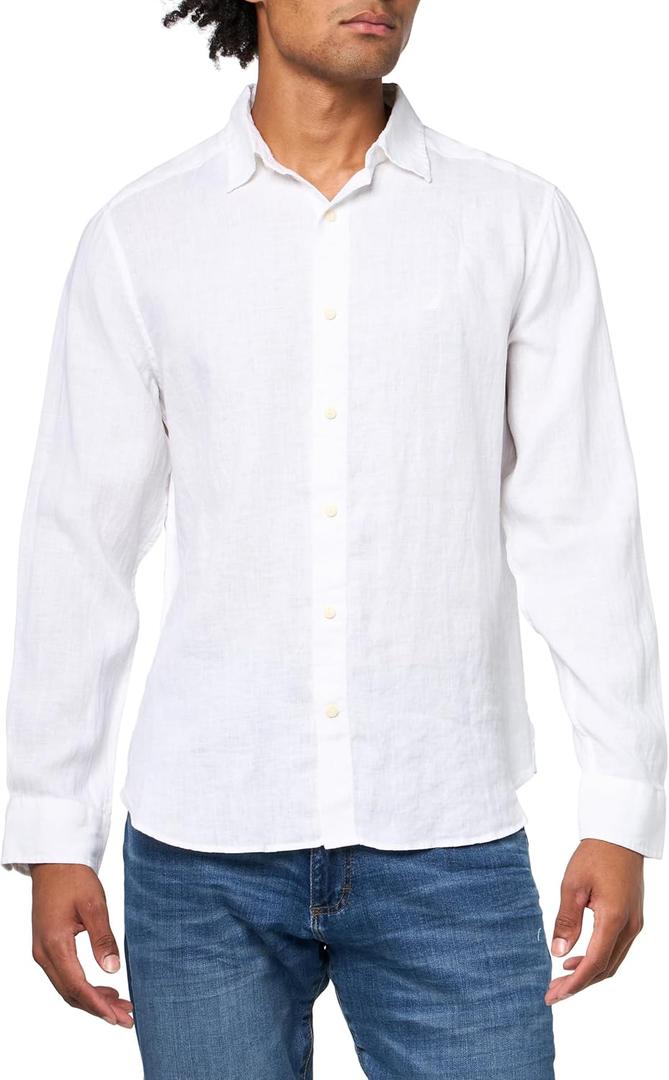 Nautica Mens Long Sleeve Solid Linen Button Up Shirt (Small, 1bw)