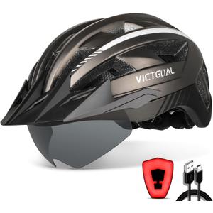 VICTGOAL Bike Helmet with USB Rechargeable Rear Light Detachable Magnetic Goggles Removable Sun Visor Mountain & Road Bicycle Helmets for Men Women Adult Cycling Helmets (L: 57-61 cm)