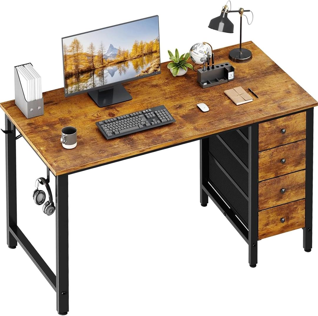 Lufeiya 47 inch Computer Desk with 4 Fabric Drawers, Reversible Writing Work Study Desk for Home Office Bedroom, Modern Simple Student PC Desks, Rustic Brown (47.2")