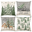 Winter Christmas Pillow Covers 18x18, Winter Pine Tree Reindeer Throw Pillow Covers Set of 4, Green Christmas Tree Truck Xmas Holiday Porch Patio Outdoor Home Decorations