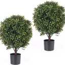 21 Inch Artificial Topiary Boxwood Ball Trees  Decorative Fake Greenery in Planter Pots for Front Porch, Indoor Walkway, Entryway Decorating, Set of 2