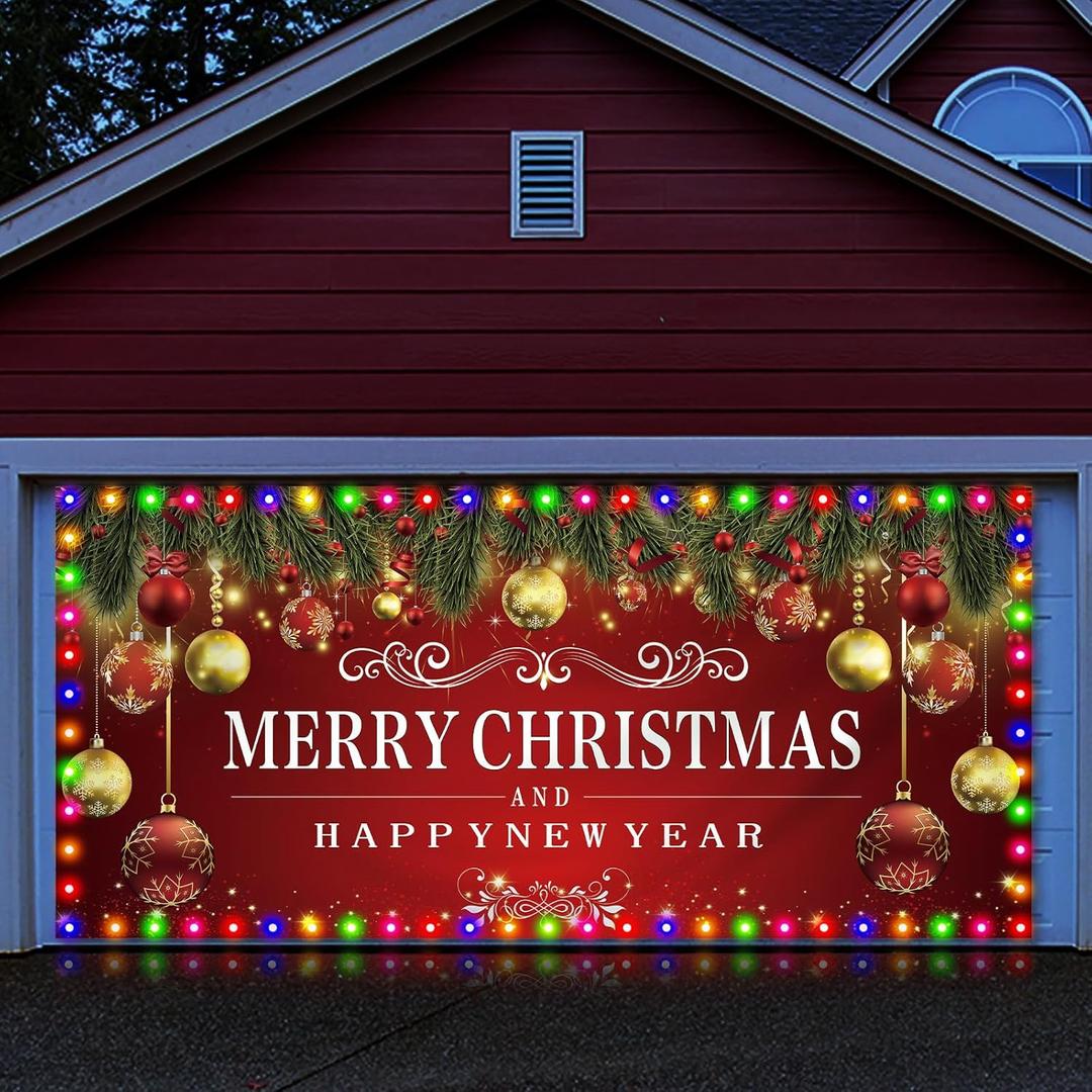 VitalCozy Christmas Garage Door Cover with LED String Light 6x13ft Red Large Xmas Garage Door Banner Backdrop Decoration Outdoor Lighted Merry Christmas Happy New Year Holiday Party Mural Cover Decor