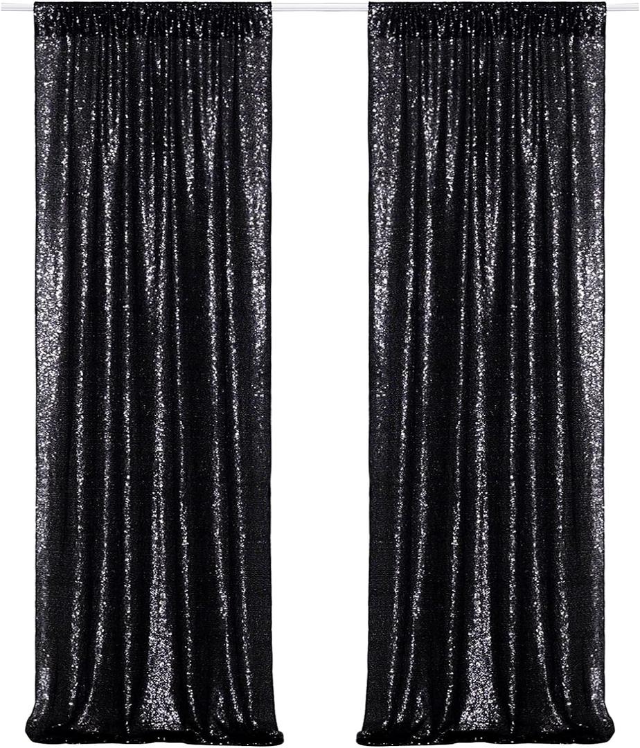 Poise3EHome Black Sequin Backdrop Curtains, 2 Panels 2FTx8FT Glitter Photo Booth Backdrop for Halloween Birthday Bachelorette Wednesday Twilight Party Decorations