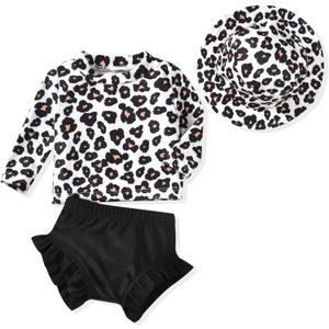 HINTINA Newborn Baby Girl Long Sleeve Swimsuit Bathing Suit with Hat (0-3 Months, Leopard)