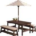 KidKraft Outdoor Wooden Table & Bench Set with Cushions and Umbrella, Kids Backyard Furniture, Espresso with Oatmeal and White Stripe Fabric, 42.25" x 22.75" x 19"