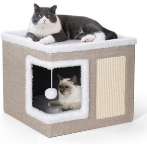 petizer Cat Bed for Indoor Cats, Large Covered Cat House with Scratch Pad, Foldable Cat Cave Bed & Hideaway Cube with Reversible Cushions, Cute Cat Condo for Multi Small Pet Kitten (Khaki) (Normal Wide)