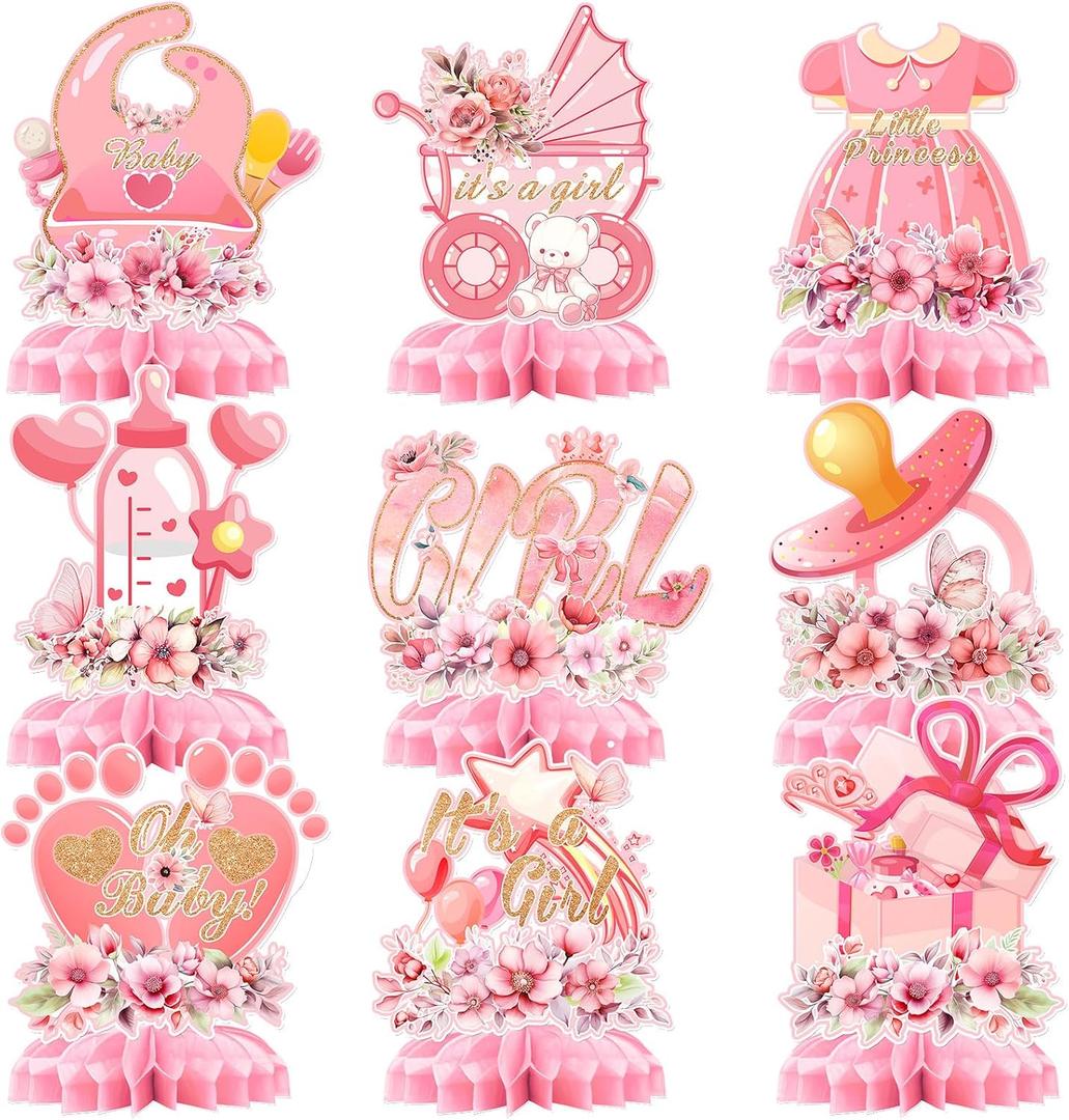 2 x 9Pcs Pink Baby Shower Decorations, Honeycomb Baby Girl Shower Centrepieces Floral Honeycomb Table Decorations Girl Pregnancy Announcement Table Decorations Gender Reveal Party Supplies