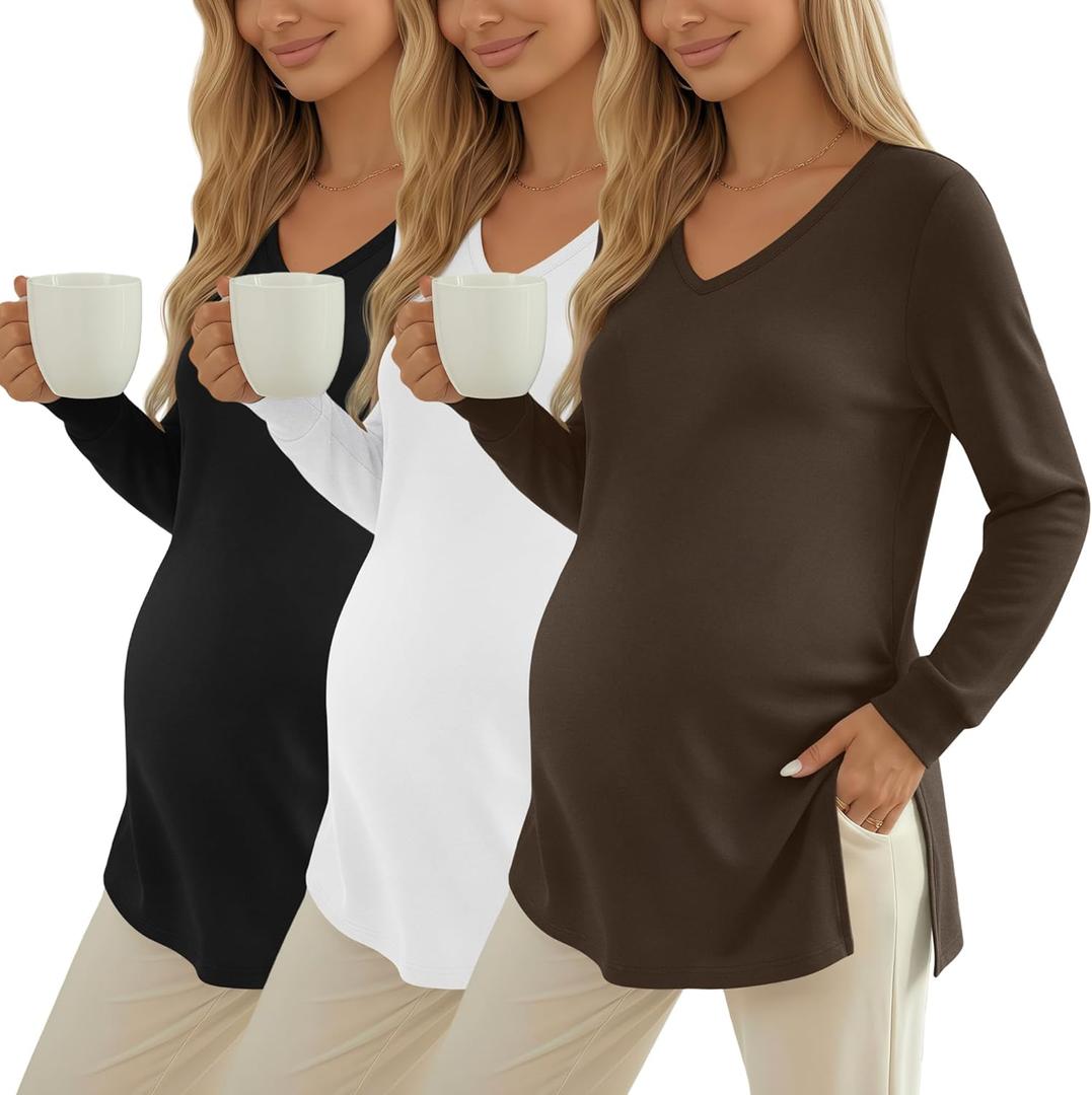 Huukeay 3 Pack Women's Thermal Maternity Shirts Long Sleeve Fleece Lined Pregnancy Tops Split Side V Neck Maternity Clothes (Black, S)