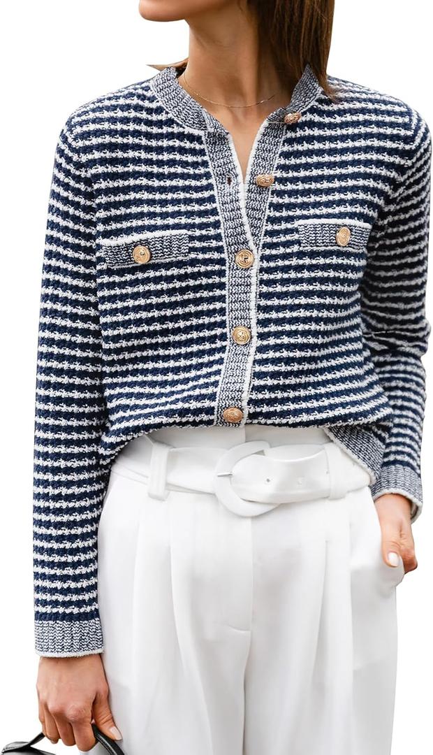 ANRABESS Women's Striped Cardigan Sweaters Casual Long Sleeve Open Front Button Down Knit Cropped Jackets Fall Coat Outerwear (Stripe Navy Blue), S