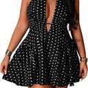 SHENHE Women's Plus Size Polka Dots Mini Halter Dress Sleevele Deep V Neck A Line Flowy Dress, Black and White, 3X-Large Plus