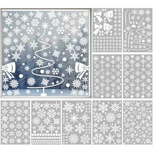 9 Sheets Christmas Snowflake Window Clings Winter Wonderland Decal Stickers Let it Snow Reindeer Snowman Window Seasons Decals for Elk Snowball Holiday Home Kitchen Living Room (Winter3)