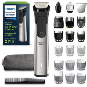 Philips Norelco Multigroom 7000 Series, All-in-One Trimmer, Beard Trimmer and Hair Clipper, 23-Piece Men's Grooming Kit for Beard, Face, Nose, Ear, Body, with Titanium Blades, Travel Pouch, MG7970/49 (MG7970/49 - 23 Pieces + Ti Blades & Bag, Steel)