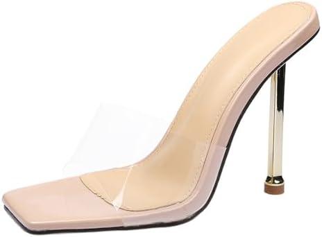 Women's Transparent Strap Stilettos Sexy Slides Sandals Fashion Clear Square Open Toe Comfortable Slingback Slip-On High Heels Prom Party Dress Mules Sandals (10, Pink)