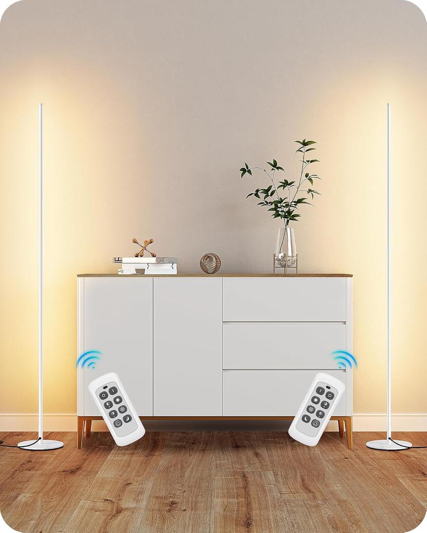 EDISHINE Minimalist LED Corner Floor Lamp with Remote, Set of 2 Modern Dimmable Mood Light, 57.5" Tall Floor Lamp for Bedroom, Living Room, 7 Color Temperature 2700-6000K, (White)