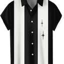 Men's Vintage Bowling Shirts 1950s Casual Short Sleeve Button Up Contrast Shirt Summer Color Block Cuban Shirts (XX-Large)