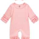 GRNSHTS Newborn Baby Girls Ruffle Romper Solid Long Sleeve Jumpsuit One-Piece Coming Home Clothes With Headband  (Pink#3, 3-6M)