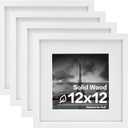 Egofine 12x12 Picture Frames White, Wood Frames with HD Plexiglass for Pictures 8x8 with Mat or 12x12 without Mat, Wall Mounting Display, Set of 4