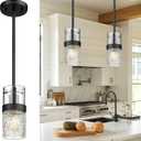 LMS Glass Pendant Lights Kitchen Island, 1-Light Modern Black Pendant Light with Hammered Glass and Rods, Mini Hanging Lighting for Kitchen Island Sink Bathroom Bedroom, LMS-172