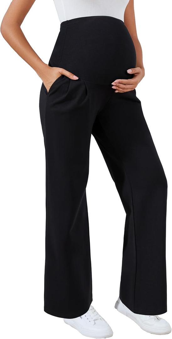 Ecavus Women's Wide Leg Maternity Pants with Pockets - Stretchy Over The Belly Pregnancy Casual and Work Trousers (XX-Large, Black)