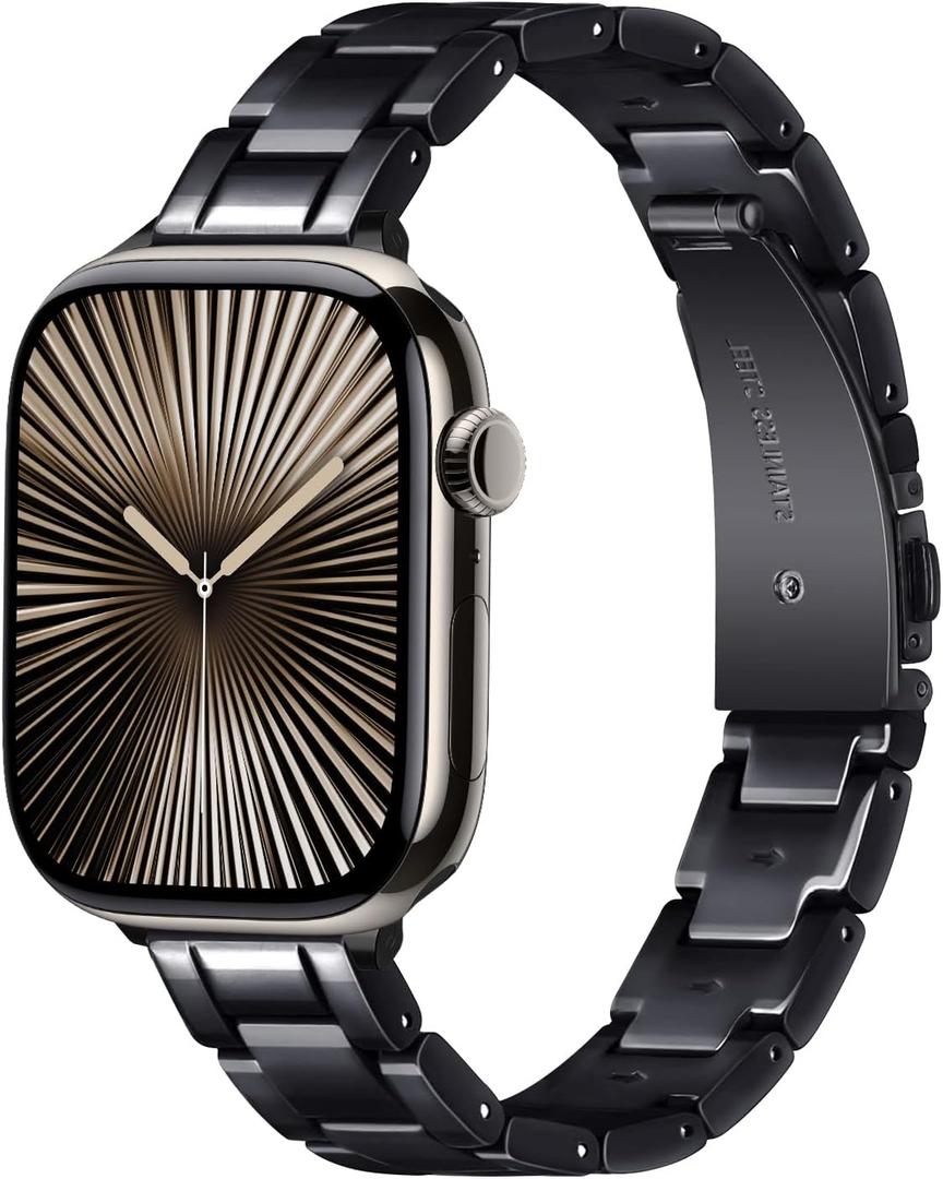 Slim Resin Band Compatible With Apple Watch Band Women 38mm 40mm 41mm 42mm 44mm 45mm 46mm, 14mm Thin Tortoise Lightweight Bracelet Dressy Strap for iWatch Bands Series 11 10 SE 2nd/3 9 8 7 6 5 4 3 (Black)