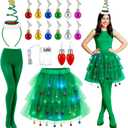 Janmercy 23 Pcs Christmas Tree Costume Set for Women Xmas Tree Costumes Accessories with Green Tutu Skirt Dress Headband Bulb Earrings Christmas Ball Clips Green Socks for Xmas Outfit Costume Cosplay