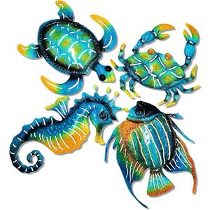Set of 4 Metal Outdoor Wall Art Decor, Blue Turtle Fish Crab and Seahorse Suitable for Beach Ocean Pool Decor, Metal Yard Fence Garden Children Room Bathroom Livingroom Wall Decoration