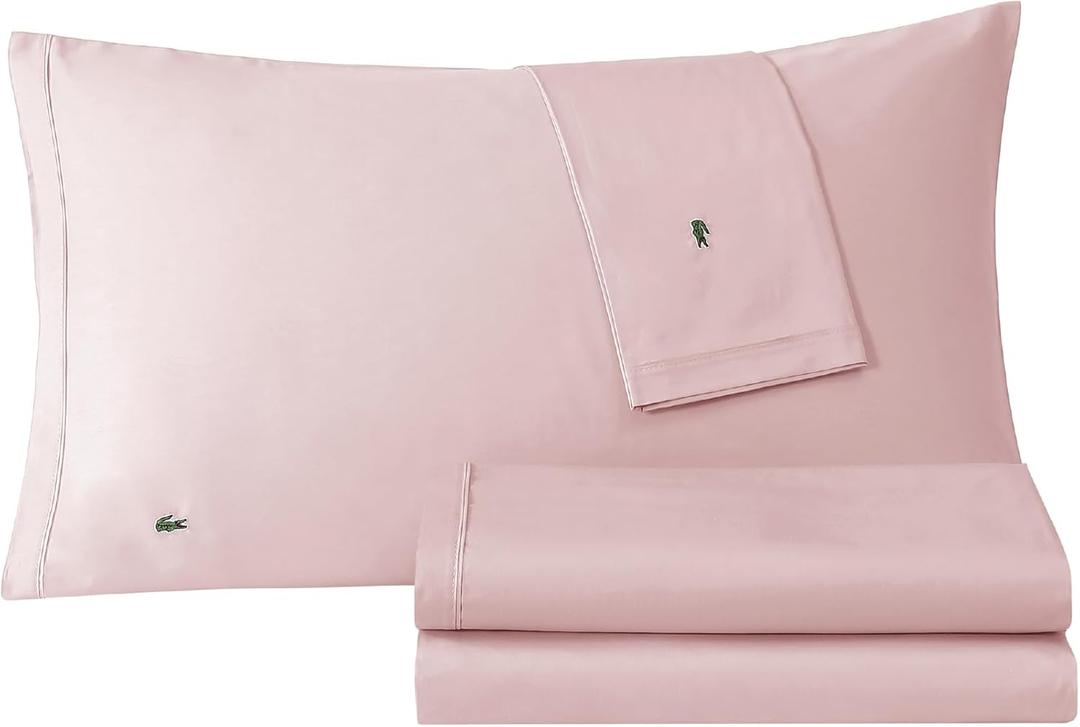 Lacoste 100% Cotton Percale 4-Piece Sheet Set  Crisp Cool Breathable All-Season Bedding, Oeko-Tex Certified, Soft Matte Finish, Durable Premium Cotton  Solid, Iced Pink, Queen