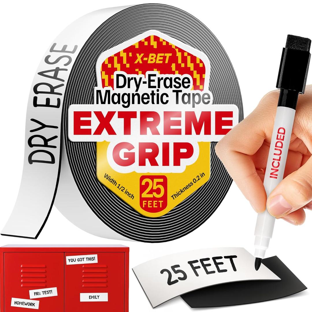 X-bet MAGNET Magnetic Strips - 1 Inch x 25 Feet Magnetic Tape Roll - Blank Write On Magnets - Sticky Labels and Stickers - Writable Flexible Magnet Sheet for Whiteboards, Refrigerator and Crafts (Large)