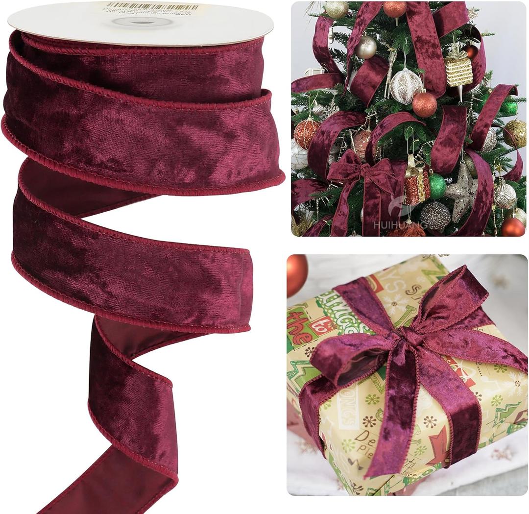 HUIHUANG Burgundy Velvet Wired Ribbon 1-1/2", Christmas Velvet Ribbon for Gift Wrapping, Christmas Tree, Bows, Wreaths, Garland, Wedding Decor, Home Decor, Crafts-Continuous 10 Yards/Roll