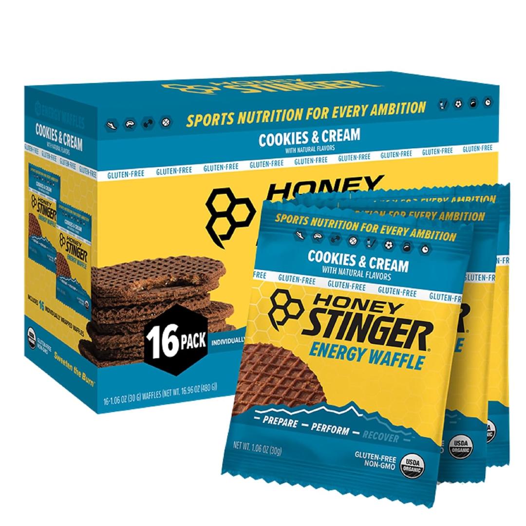 Honey Stinger Organic Gluten Free Cookies & Cream Waffle, Energy Stroopwafel for Exercise, Endurance and Performance, Sports Nutrition for Home & Gym, Pre & During Workout, 16.96 Ounces (Pack of 16) (EXP 07/20/26)