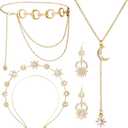 Glenmal 4 Pieces Halo Crown Moon Stars Necklaces and Body Chain Halo Tiaras Headband Headpiece Drop Earrings for Women (Gold)