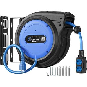 DEWENWILS 20 Amp Retractable Extension Cord Reel 40FT, ETL Listed, Blue | 10AWG SJTOW Heavy Duty, Auto-Rewind No-Tangle, Circuit Breaker, 4 Outlets for Garage Shop, 2500W