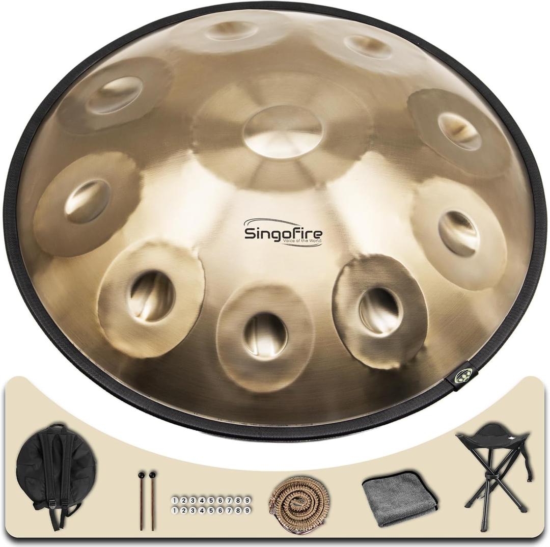 "SINGOFIRE" 10-Notes Handpan Drum, Handpan Drums for Adults, 22-Inch 440Hz D Minor Kurd Handpan, Handpans Instrument with Soft Drum Bag, 2 Handpan Mallets, Stand and Dust-Free Cloth(Gold)