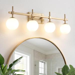 URSOLA 4 Lights 30" Bathroom Vanity Light Fixtures, Antique Brass Mid Century Modern Vanity Light with Opal Globe Glass Shades, G9 Socket, Bathroom Light Fixtures Over Mirror for Bathroom