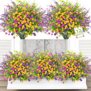 ATTGREAT Artificial Spring Flowers Outdoors UV Resistant Fake Greenery Plants Realistic Plastic Flowers Outside Faux Silk Wildflowers for Home Planter Porch Garden Decor, 12 Bundles (Multicolor)