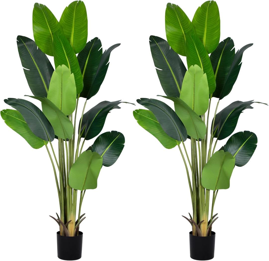 Artificial Bird of Paradise Plant 7Ft Fake Tropical Palm Tree with 17Trunks Faux Banana Leaf Trees in Pot for Home Indoor Outdoor Office Modern Decor Housewarming Gift2pcs (2 Pack)