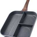 Sensarte Nonstick 11-Inch Square Grill Pan, 3-Section Versatile Breakfast Skillet, Die-cast Aluminum, PFOA, PFOS, APEO Free, Induction, Gas, Electric, Glass, Ceramic
