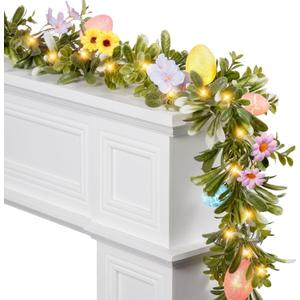 6 FT Pre-Lit Easter Garland with 20 LED Lights & 8 Mode Timer, Lighted Pastel Easter Egg Garland for Mantle Decorations, Olive Spring Garland with Artificial Egg & Flower for Fireplace Table Holiday