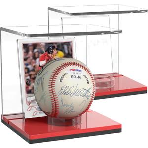 FEMELI Baseball Case Display Holder: 2PCS Acrylic Clear Ball Box with Base/Card Slot-Memorabilia Showcase Autograph Softball Protector Stand (Red)