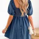 Denim Dress Babydoll Jean Square Neck Puff Sleeve Casual Country Concert Dresses with Pockets for Women 2026 (Blue, L)