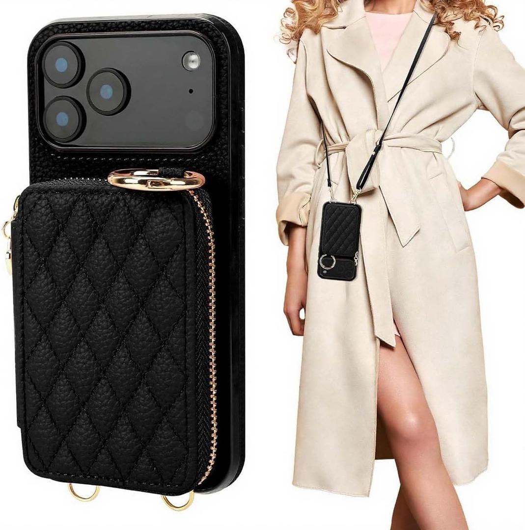 for iPhone 17 Pro Max Case Wallet, RFID Blocking PU Leather Zipper Handbag Purse Flip Cover, Kickstand Folio with Slots Holder Strap Lanyard 5G 6.9 Inch (Black, for iPhone 17 Pro Max Case)