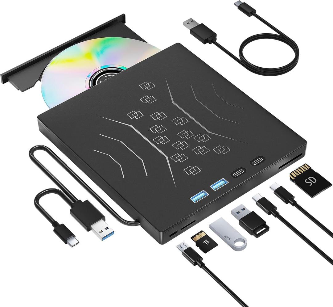 7 in 1 External DVD Drive, External CD/DVD Drive for Laptop USB 3.0 & Type-C, Portable CD/DVD +/-RW Disk Drive, CD/DVD Burner CD ROM External Drive for Laptop Desktop PC Windows 10/11 XP Mac Linux