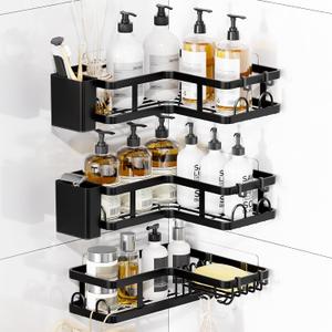 3 Pack Corner Shower Caddy Organizer, Rustproof Corner Shower Shelves, No Drilling Bathroom Corner Shelf with Hooks and Toothpaste Holder (Black)