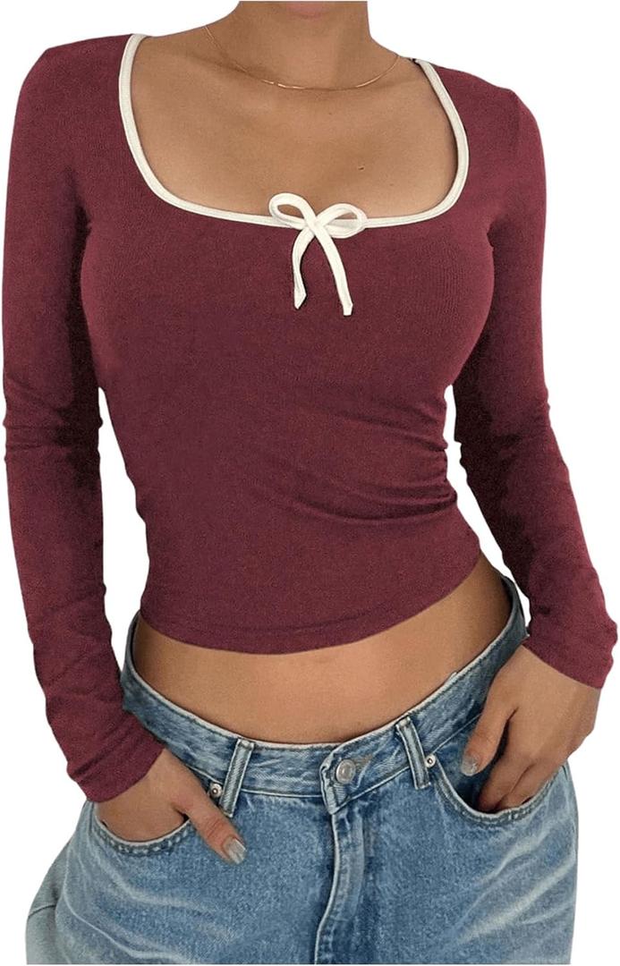 Verdusa Women's Color Block Scoop Neck Bow Decor Long Sleeve Casual T Shirts (X-Large, Burgundy)