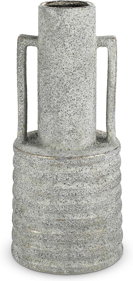 Hollyone Large Vintage Ceramic Vase with 2 Handles, 15.6" Tall Gold-Toned Antique Rustic Decorative Floral Grey Vases for Flowers Home Table Centerpiece Shelf Living Room Entryway Farmhouse Decor
