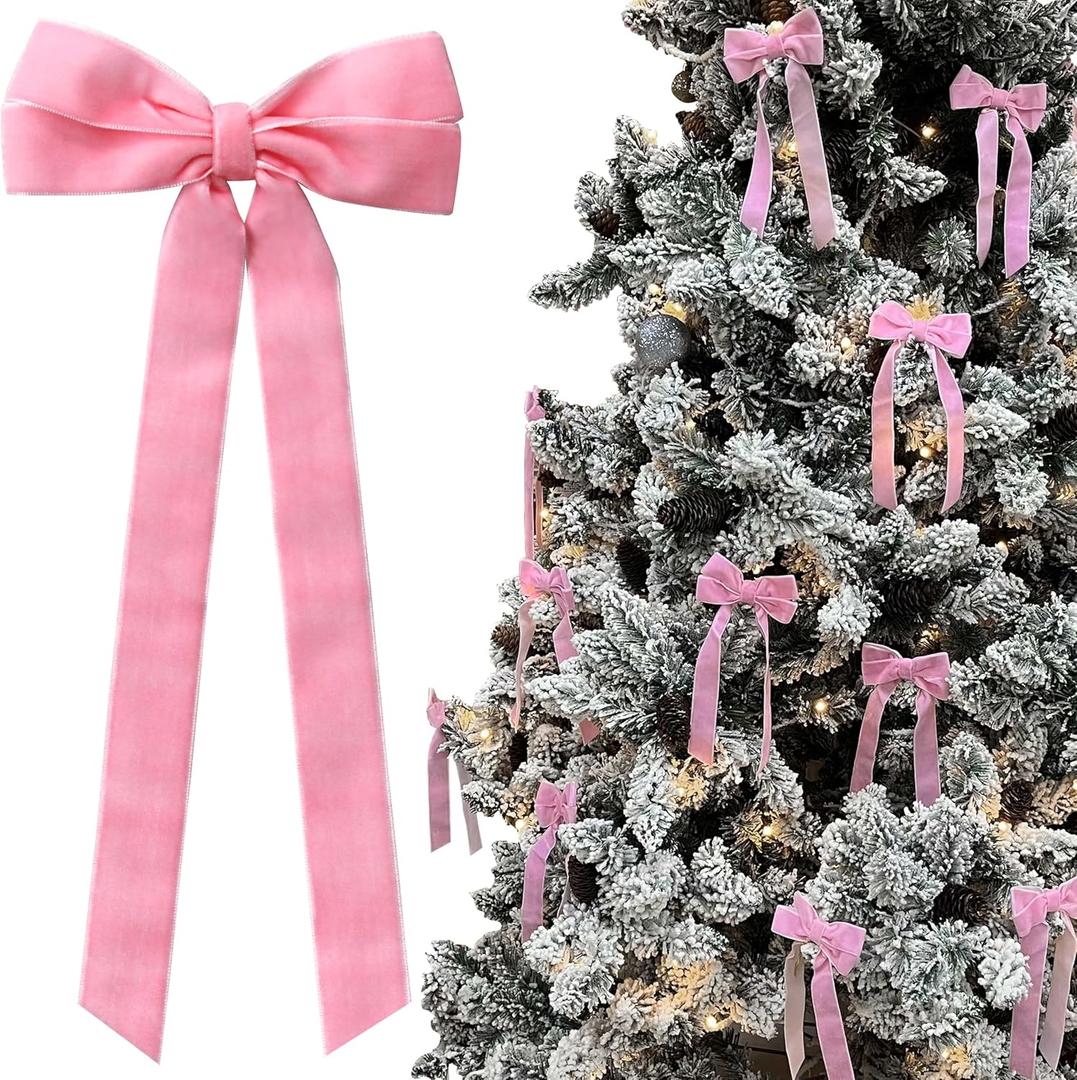 12Pcs Pink Velvet Bows Valentines Day Tree Decorations,5in x 10in Easter Spring Ornaments for Christmas Tree Home Coquette Room Birthday Party Front Door Wedding Holiday Decor